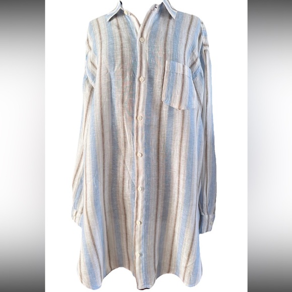 CP Shades Romy Linen Tunic Shirt Light Blue & Brown Stripe Relaxed Fit Size L - Picture 10 of 10